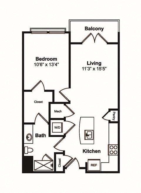 Floor plan for 1 bed, 1 bath, 749 sqft